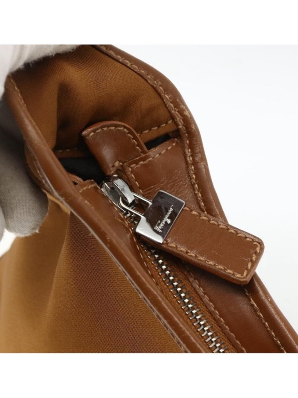 Authentic Salvatore Ferragamo Shoulder Bag Nylon Brown Silver - Picture 12 of 16